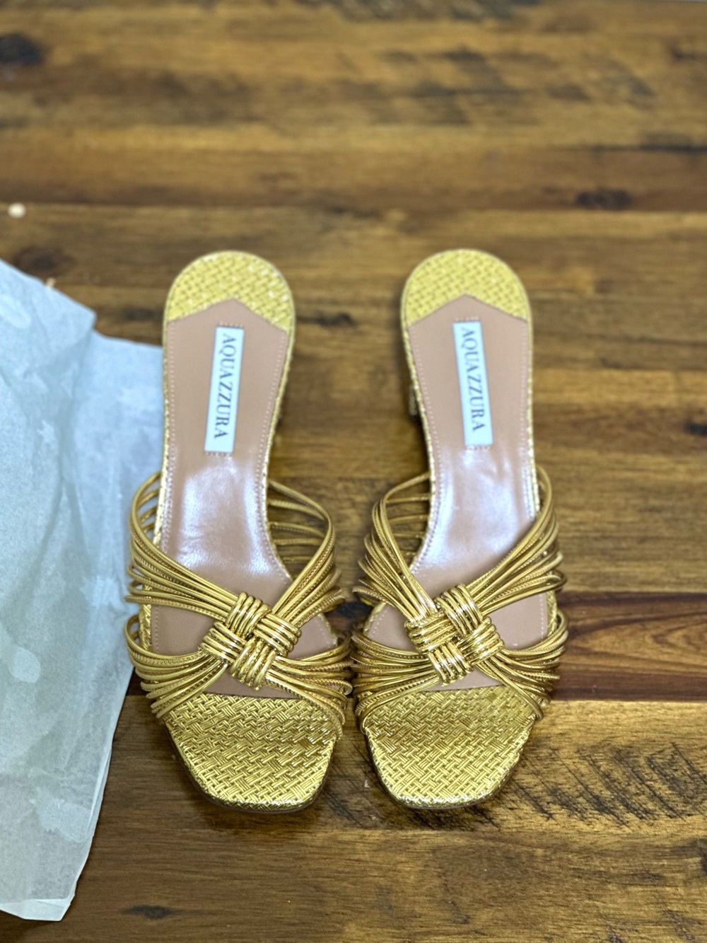 Aquazzura Metallic Gold Woven Knot Slide Mules